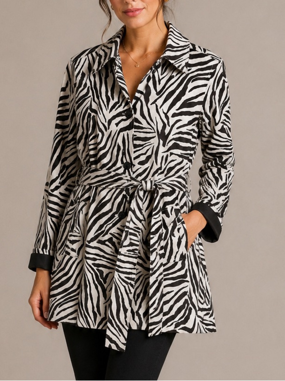 Chaps Ralph Lauren Zebra Print Belted Jacket Womens Large Cotton Coat
